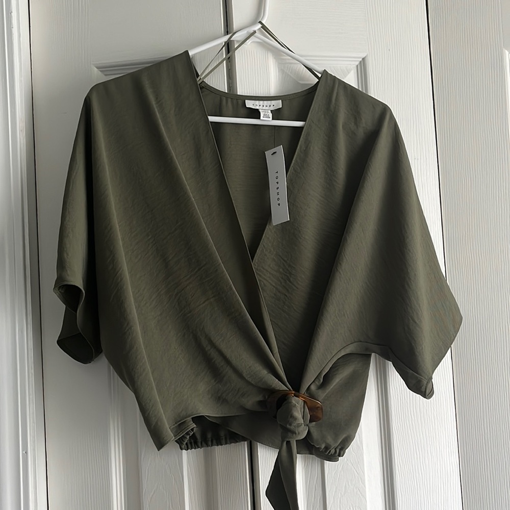 Topshop, green wrap shirt, size 6